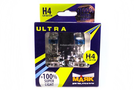 Автолампа H4 12V 60/55 (P43t) Ультра Super Light +100% (2 шт.) 82420SL+100new "Маяк" Автолампа H4 12V 60/55 (P43t) Ультра Super Light +100% (2 шт.) 82420SL+100new "Маяк"