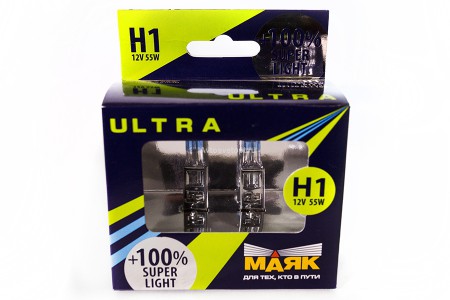 Автолампа H1 12V 55W (P14,5s) Ультра Super Light +100% (2 шт.) 82120SL+100new "Маяк"