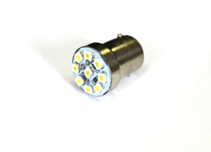 Лампа светодиодная 12v (5w) BA15s (1конт) 9 SMD диодов, белая (габариты, подсветка номера) Лампа светодиодная 12v (5w) BA15s (1конт) 9 SMD диодов, белая (габариты, подсветка номера)