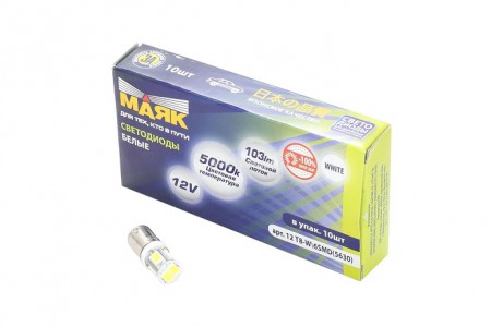 Светодиод 12V T8 WHITE (6SMD) (5630) BA9S Маяк Светодиод 12V T8 WHITE (6SMD) (5630) BA9S Маяк